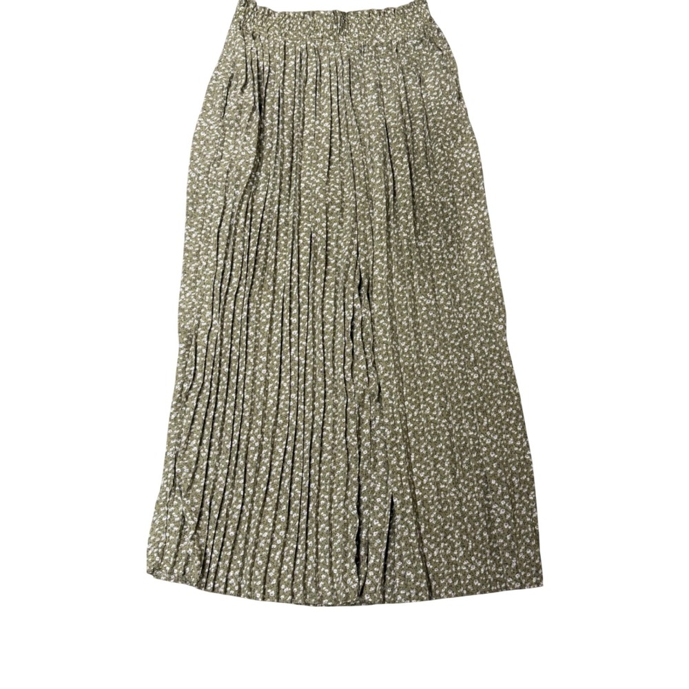 Olive Green Ditsy Floral Pleated Wide Leg Palazzo Pants Elastic Waist Boho large